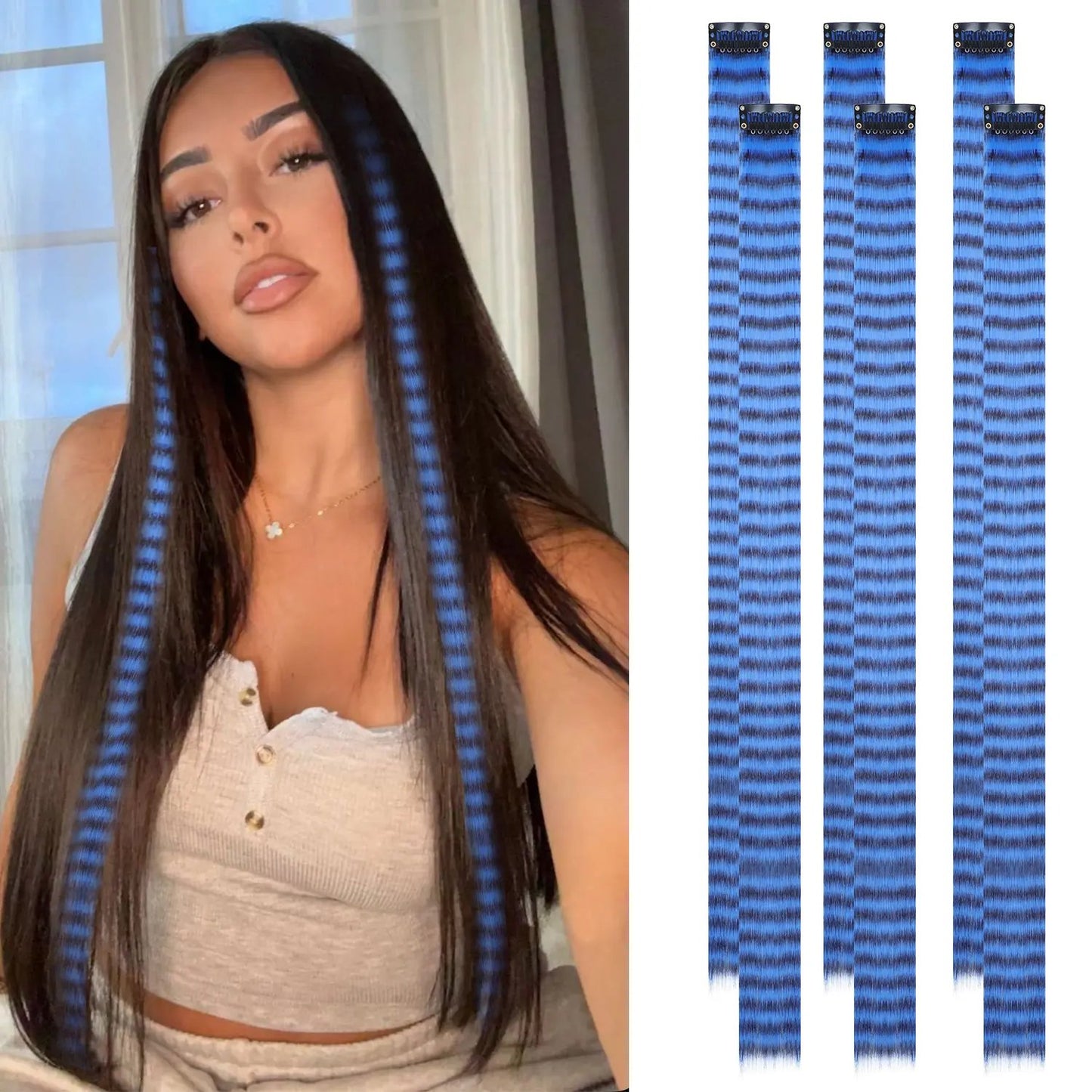 24 Inch Clip-On Glitter Hair Tinsel Extensions 6 Pcs Set