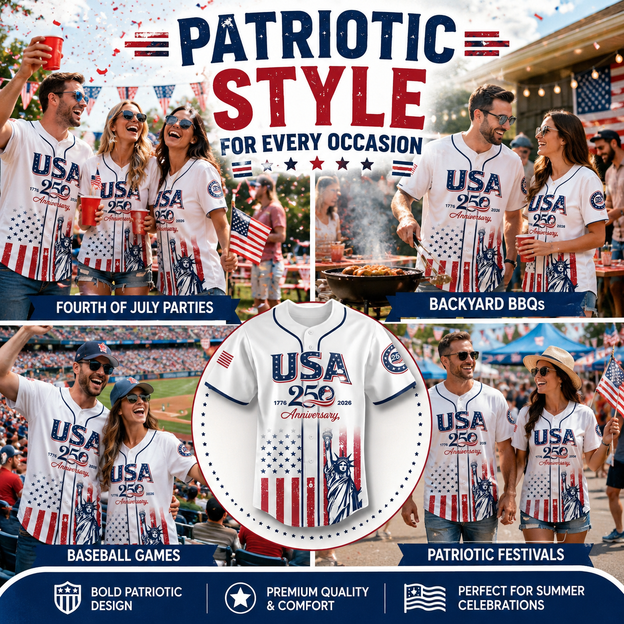 🔥LAST DAY SALE 49% OFF - 🇺🇸🦅USA 250th Anniversary Baseball Jersey – 1776-2026 Independence Day Patriotic Shirt, Men & Women, Flag & Liberty Print✨